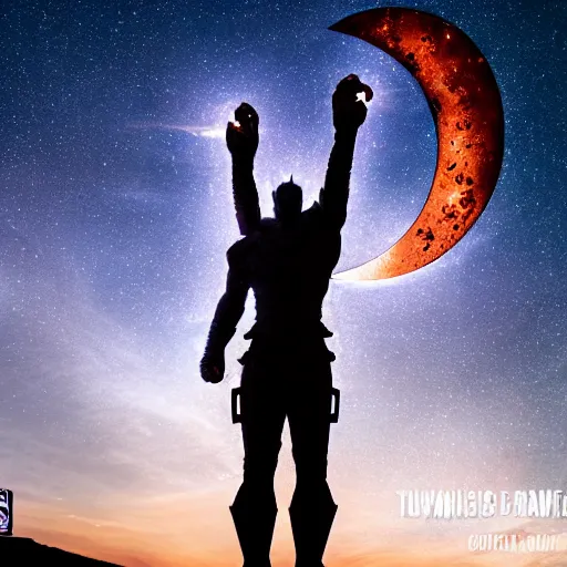 Image similar to celestial eson from marvel, guardians of the galaxy cosmic rewind, in the sky, holding the moon in his hand, sky photograph, 1 4 mm f / 2. 4