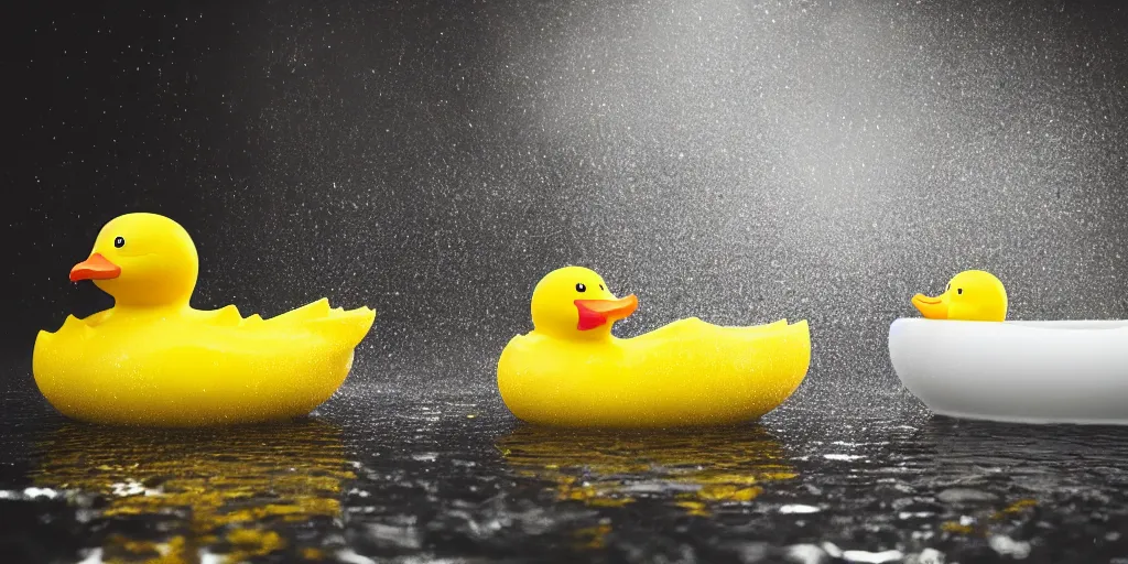 Image similar to An Epic yellow rubber duck bathtub battle, realistic 4k octane beautifully detailed render, 4k post-processing, highly detailed, intricate complexity, epic composition, magical atmosphere, cinematic lighting, masterpiece, ultra hd