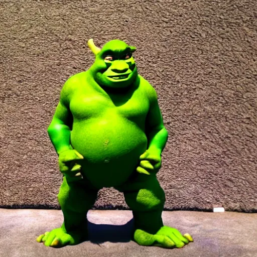 Image similar to shrek!!! going goblin - mode, menacing figure, imposing, low camera angle looking up