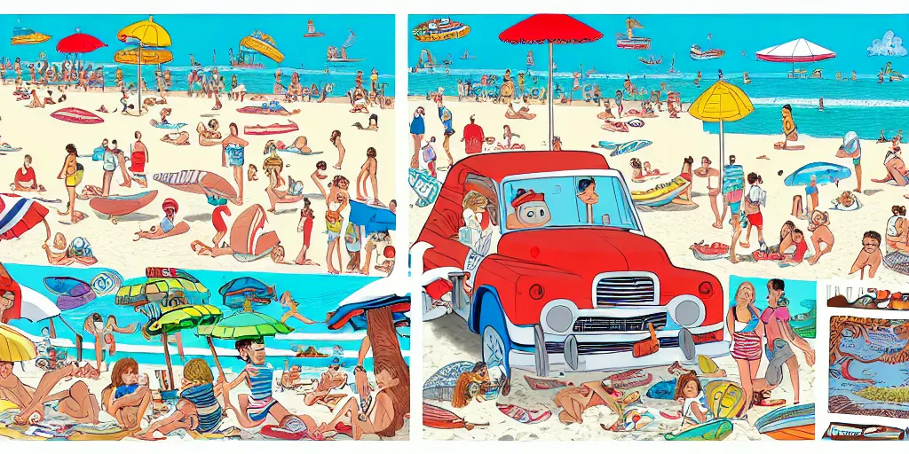 Prompt: a full page spread from the where's waldo at the beach book, waldo in the top right of frame, high detail illustration, coherent
