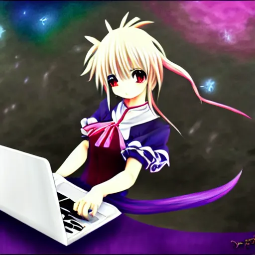 Prompt: marisa kirisame anime art, cafe, typing on laptop, touhou project