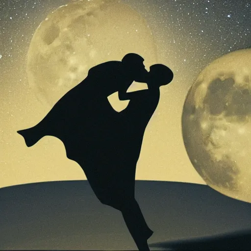 Image similar to the background is a huge moon. in the night environment, a man jumps into the air with a woman in his arms. in the middle of the moon are two figures in black silhouettes.