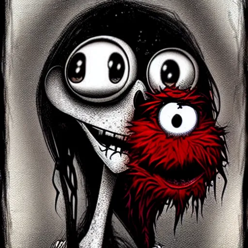 Image similar to grunge cartoon drawing of elmo by - michael karcz , in the style of corpse bride, loony toons style, horror themed, detailed, elegant, intricate