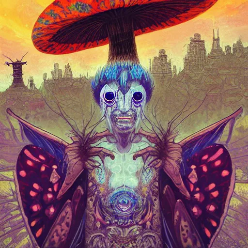 Image similar to 8K headshot Portrait of centered chest up of a psychedelic godlike mothman shaman with moth face and giant mandala wings smoking a hand-rolled cigarette smoking heavily , magic mushroom village in background , post-processing , award winning. superb resolution. in the art style of junji Ito and greg rutkowski . Detailed Mushroom city in background. Hyper realistic anime. Perfect art. Dalle2