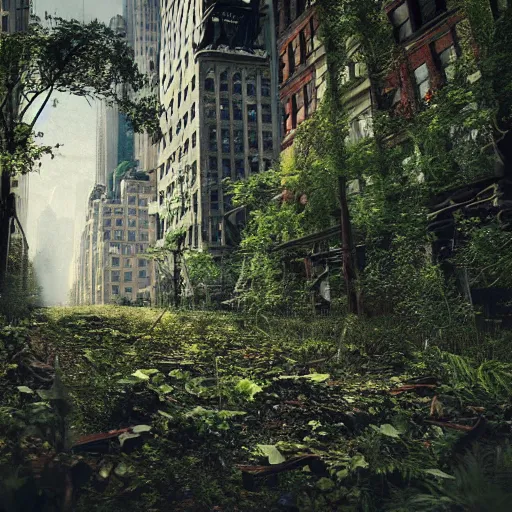 Prompt: New York City Abandoned and Overgrown, ultra realistic, 8k, intense, vivid