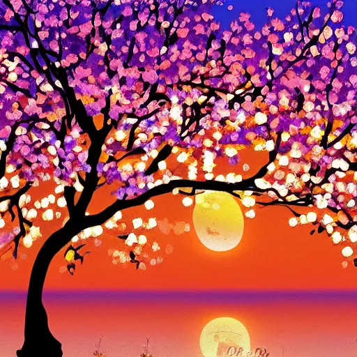 Image similar to birds on cherry tree, Changelingcore, serene, graceful, sunset photo at golden hour, Kodachrome, digital painting