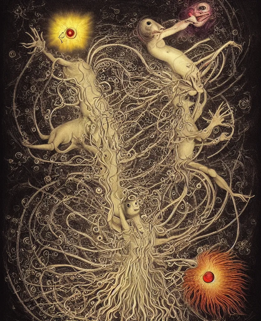 Image similar to whimsical freaky creature sings a unique canto about'as above so below'being ignited by the spirit of haeckel and robert fludd, breakthrough is iminent, glory be to the magic within, painted by ronny khalil