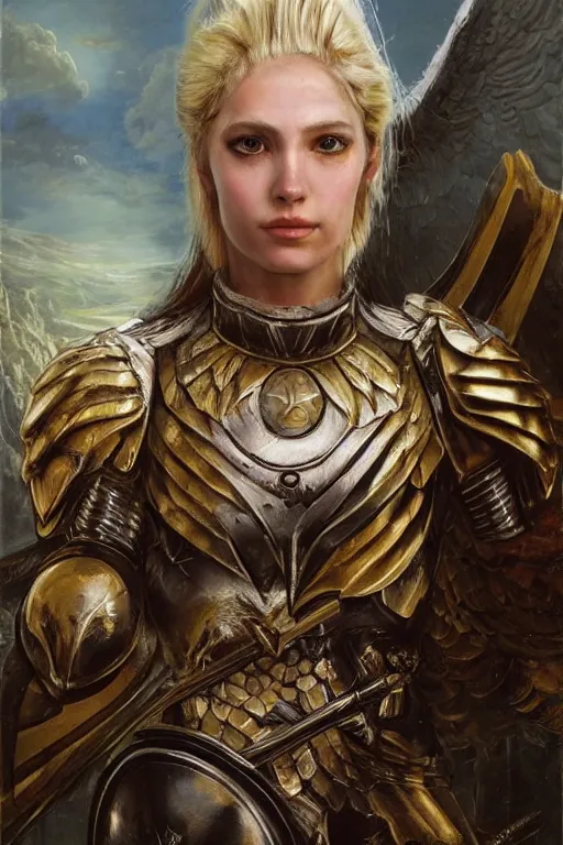 Image similar to a beautiful valkyrie , half body portrait, blond hair, heavy gold armour, realistic oil painting by Thomas Cole and Wayne Barlowe and Boris Valejo