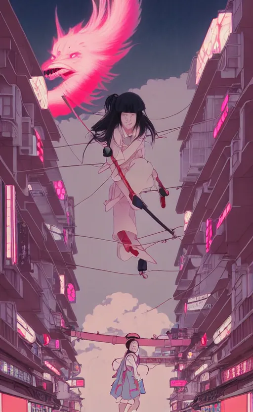 Image similar to Artwork by James Jean, Phil noto and hiyao Miyazaki; a young Japanese future samurai police girl named Yoshimi battles an enormous looming evil natured carnivorous pink robot on the streets of Tokyo; Japanese shops and neon signage; crowds of people running; Art work by studio ghibli, Phil noto and James Jean