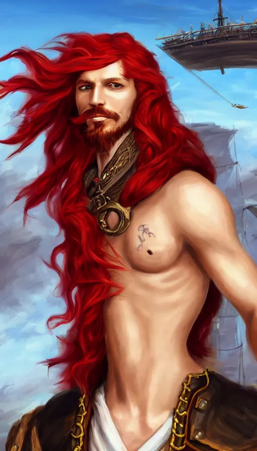 Prompt: portrait of a male pirate with flowing red hair!!!!!!, airship in the background!!!!!!, lean body!!, Steampunk!!!!!!!, D&D, fantasy, simple clothing!!!!, elegant, highly detailed, digital painting, artstation, concept art, sharp focus, illustration, art by Artgerm and Greg Rutkowski and Alphonse Mucha