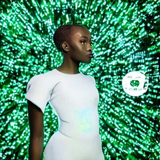 Image similar to Tobe Nwigwe as a angelic figure, in a cybernetic forest of green