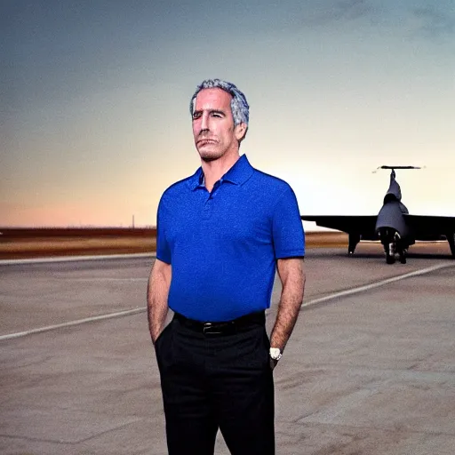 Prompt: aesthetic illustration of jeffrey epstein, wearing a dark blue polo shirt, standing near fighter jet on an empty runway at dusk, cinematic lighting, high detail, volumetric lights, pinterest wallpaper