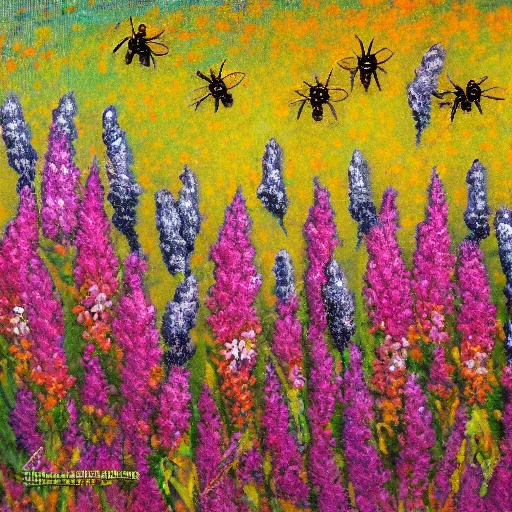 Prompt: impressionist painting of bees pollinating a field of flowers