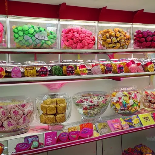 Prompt: a collection sweets in a sweet shop