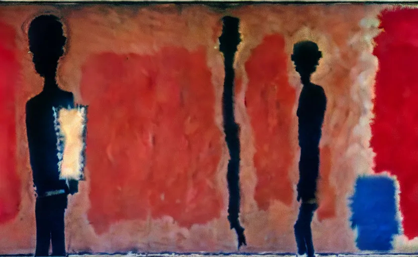 Prompt: mark rothko painting of many people without eyes. one person does have eyes, a young man, frightened about what is going on around him. there are propaganda posters on walls, brainwashing televisions and cctv cameras s 1 5 0