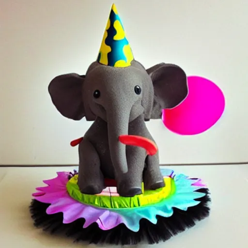 Prompt: “ an elephant wearing a birthday hat and a tutu on a unicycle ”