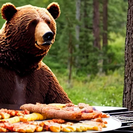 Image similar to film still of bear grylls dressed as a bear at a bbq grill party
