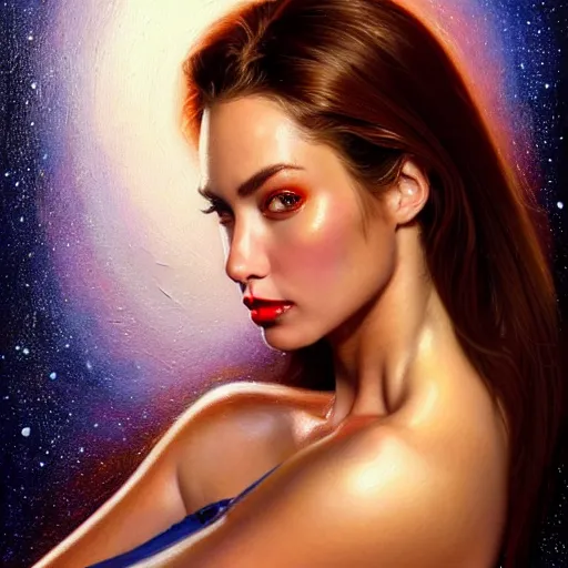 Image similar to a portrait of a very beautiful woman in a spacesuit with a dueling scar, brown eyes, shoulder-length brown hair, deep red lips, glitter, bored, illustration, soft lighting, soft details, painting oil on canvas by mark arian by artgerm, trending on artstation, 4k, 8k, HD