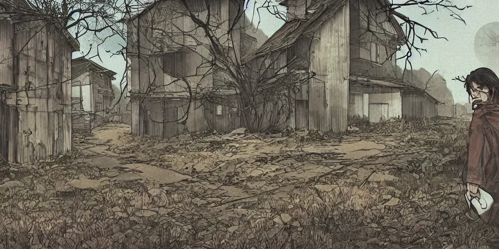 Prompt: beautiful tense illustration of an apocalyptic scene, a man sneaking through an abandoned rural modern village, stephen king atmosphere, 1 9 8 0 s japanese illustrator art, award winning