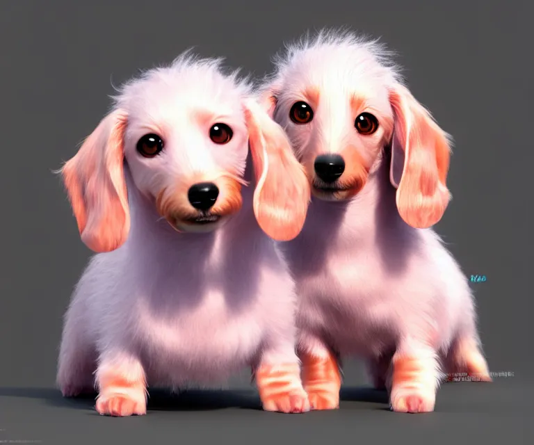 Image similar to high quality 3 d render hyperrealist very cute multipastel very fluffy dachshund, vray, smooth in the background, artstation, ultra detailed, octane render