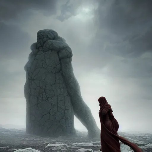 Image similar to stone humanoid colossus by grzegorz rutkowski and richard wright and peter mohrbacher, atmospheric haze, stormy, tundra, woman in cloak in foreground silhouette, large scale