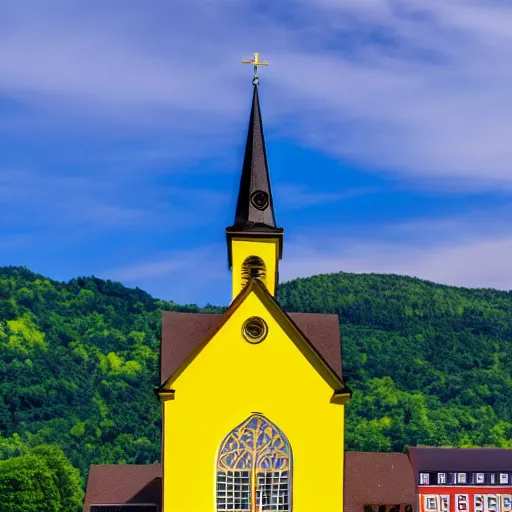 Image similar to a large yellow building with a steeple on top of it, up a hill, a picture by werner andermatt, shutterstock contest winner, heidelberg school, wimmelbilder, hdr, sabattier filter