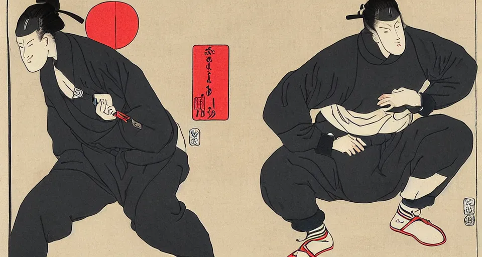 Image similar to Ukiyo-e art of squatting man in black Adidas tracksuit