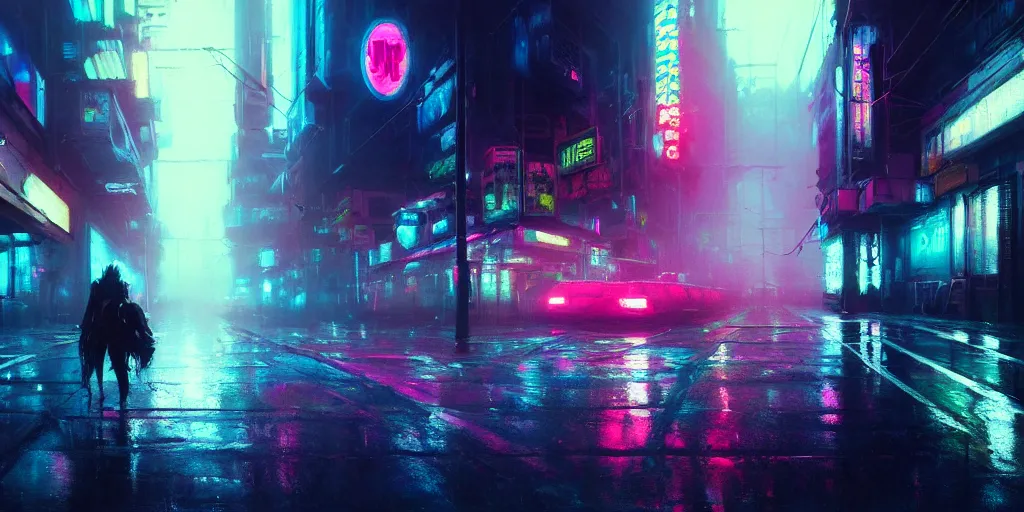 Image similar to beautiful painting by jeremy mann, cyberpunk street, neon signs, still from enter the void movie, pastel hypercolor scheme, oil painting, perfect composition, detailed octane render trending on artstation, misty, ominous, 8 k artistic photography, volumetric cinematic perfect light, wlop, alena aenami, greg rutkowski