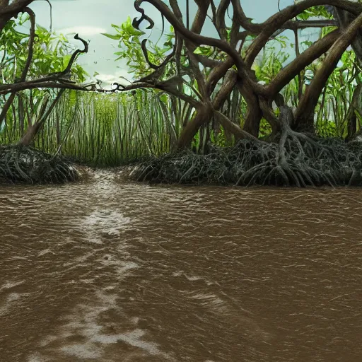 Image similar to Mangrove swamp tangled mangrove roots on a muddy shore, ground texture. Matte painting, simple cartoon style