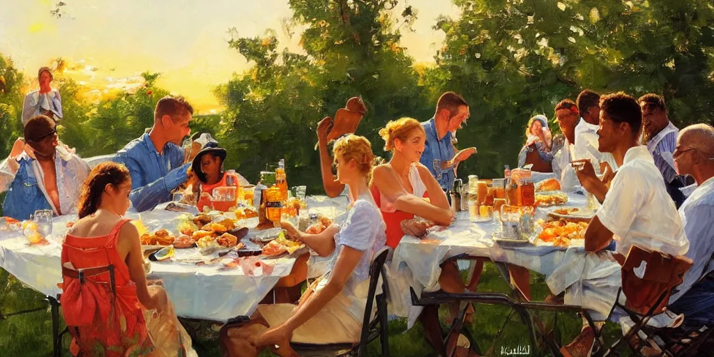 Prompt: backyard bbq in harlem in summer sunset, painting by vladimir volegov, norman rockwell, tom of finland, trending on artstation