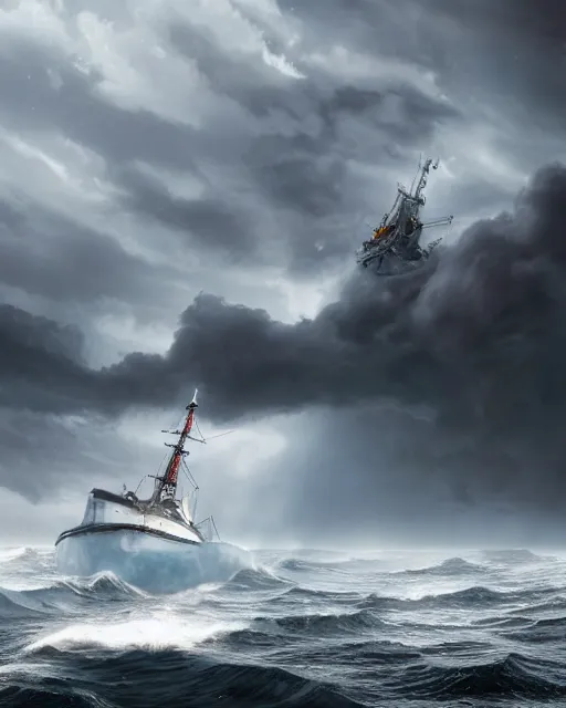 Image similar to establishing shot of a fishing boat on stormy seas, a gigantic star destroyer spaceship in the storm clouds flying overhead, stormy weather, dramatic lighting, unreal engine, hyper realism, realistic shading, cinematic composition, realistic render, octane render, detailed textures, photorealistic, ultrawide shot, 16mm lens