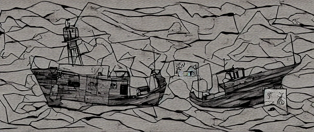 Image similar to a lone abandoned ship in the aral sea desert, in the style of daniel johnston and outsider art, 8 k, line brush, overlaid with chinese adverts