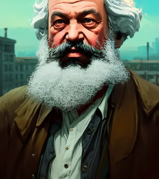 Image similar to highly detailed portrait karl marx in gta v, stephen bliss, unreal engine, fantasy art by greg rutkowski, loish, rhads, ferdinand knab, makoto shinkai and lois van baarle, ilya kuvshinov, rossdraws, tom bagshaw, global illumination, radiant light, detailed and intricate environment, guns, muscles, atlantic