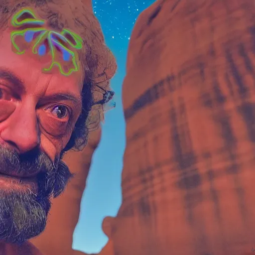 Image similar to terence mckenna, up close at uluru, smoking a cigar, stars, in the style of psychedelic surrealism, 4 k