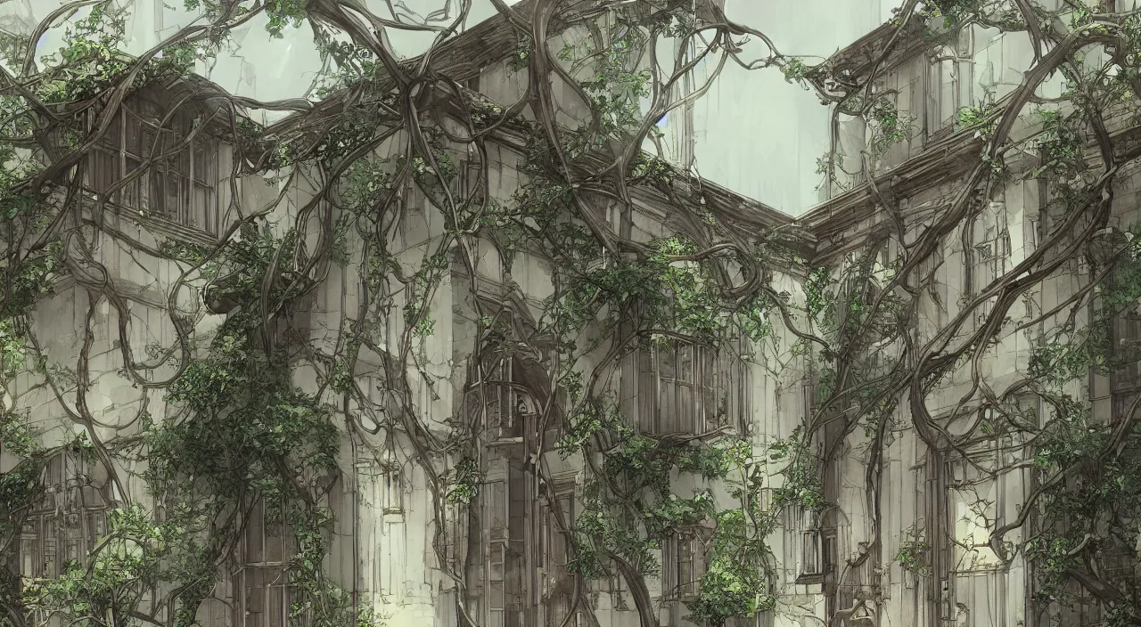 Image similar to house, by akihiko yoshida, ivy, stylized, artstation, atmosphere, by makoto shinkai, hanging vines, photorealistic, baroque, art nouveau, pixiv