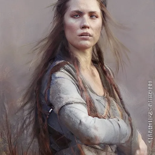 Prompt: Richard Schmid and Jeremy Lipking full length portrait painting of A shield-maiden (Old Norse: skjoldmø [ˈskjɑldˌmɛːz̠]) was a female warrior from Scandinavian folklore and mythology. Shield-maidens are often mentioned in sagas such as Hervarar saga ok Heiðreks and in Gesta Danorum. They also appear in stories of other Germanic peoples: Goths, Cimbri, and Marcomanni.[1] The mythical Valkyries may have been based on such shield-maidens. She carries a shield on one arm, and a spear in her other hand