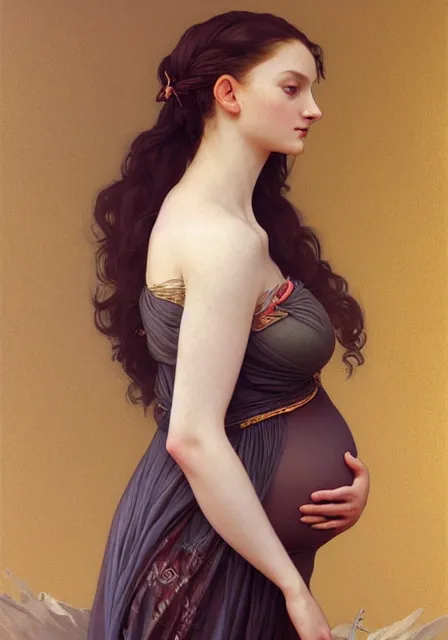 Image similar to pregnant sansa, intricate, elegant, highly detailed, digital painting, artstation, concept art, smooth, sharp focus, illustration, art by artgerm and greg rutkowski and alphonse mucha and william - adolphe bouguereau