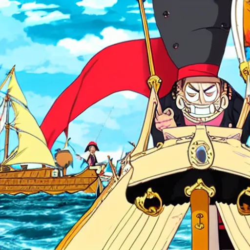 Image similar to emmanuel macron in a pirate boat, in One Piece Anime Series, 4k Resolution.