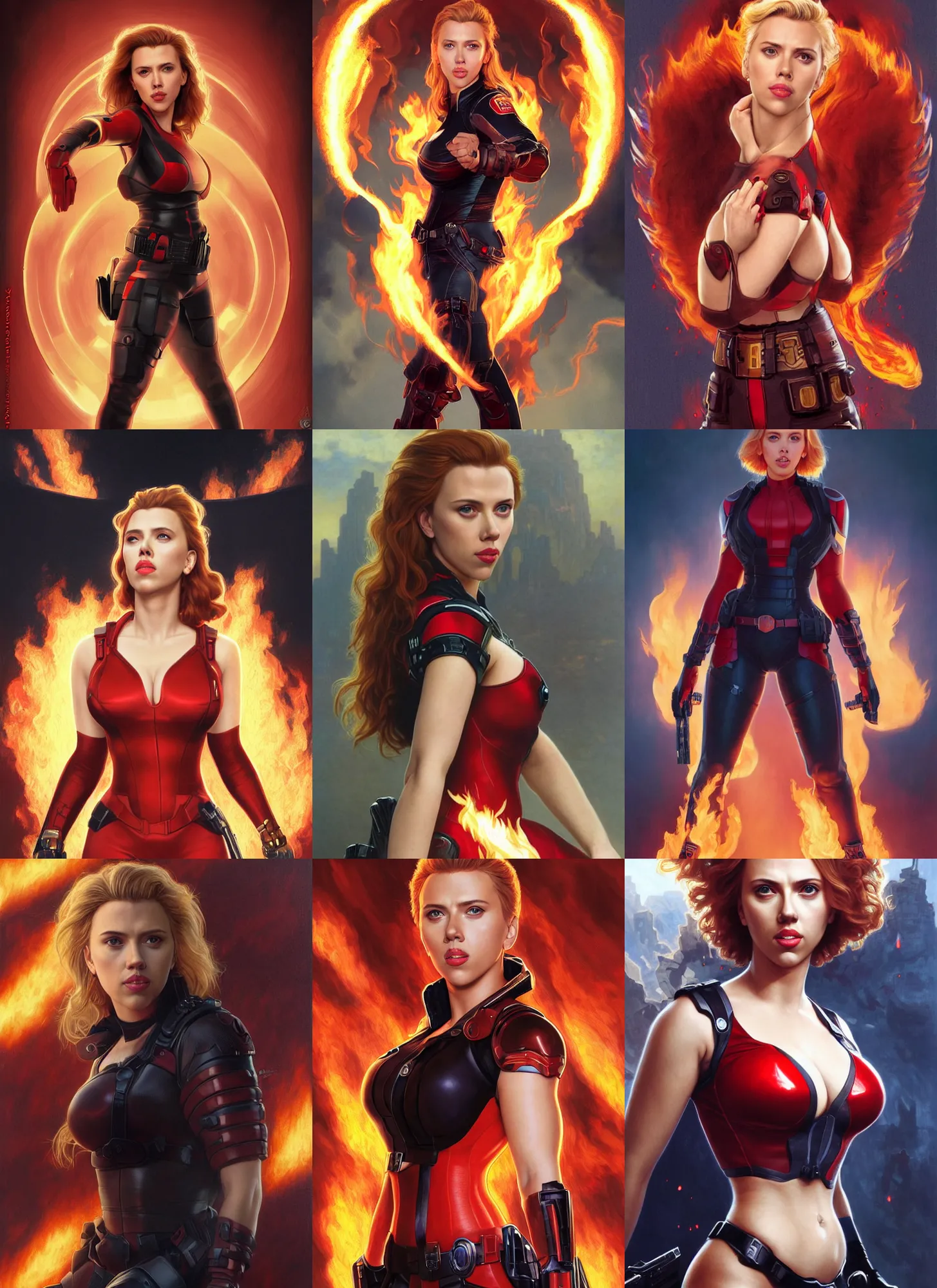 Prompt: portrait scarlett johansson as hot fire team member at fire background, full length shot, shining, 8k highly detailed, sharp focus, illustration, art by artgerm, mucha, bouguereau