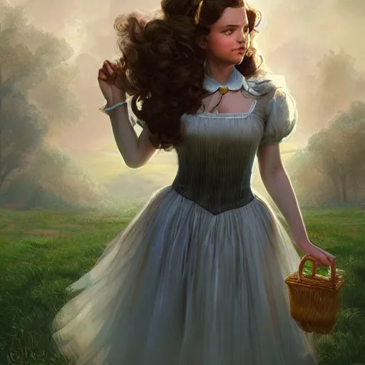 Image similar to full body portrait of Dorothy Gale from the Wizard of Oz, D&D, fantasy, intricate, elegant, highly detailed, digital painting, artstation, concept art, smooth, sharp focus, illustration, art by artgerm and greg rutkowski and peter mohrbacher