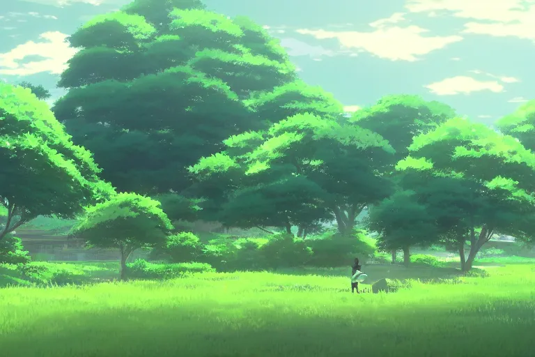 Image similar to a rolling green landscape by makoto shinkai