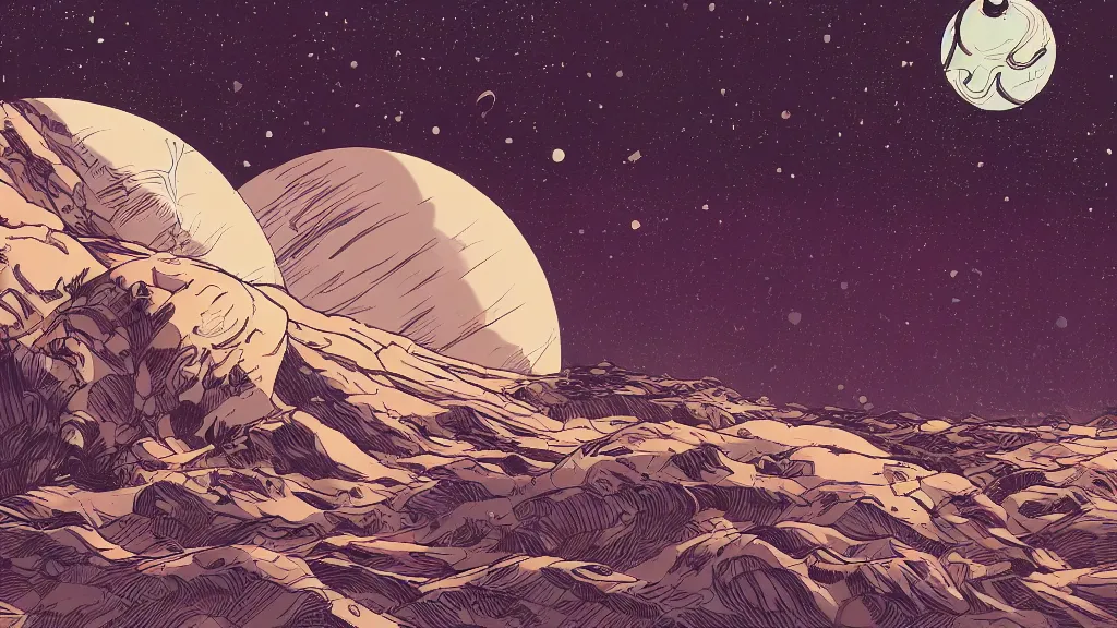 Image similar to very detailed, prophet graphic novel, ilya kuvshinov, mcbess, rutkowski, simon roy, illustration of a dead planet as seen from space, wide shot, colorful, deep shadows, astrophotography