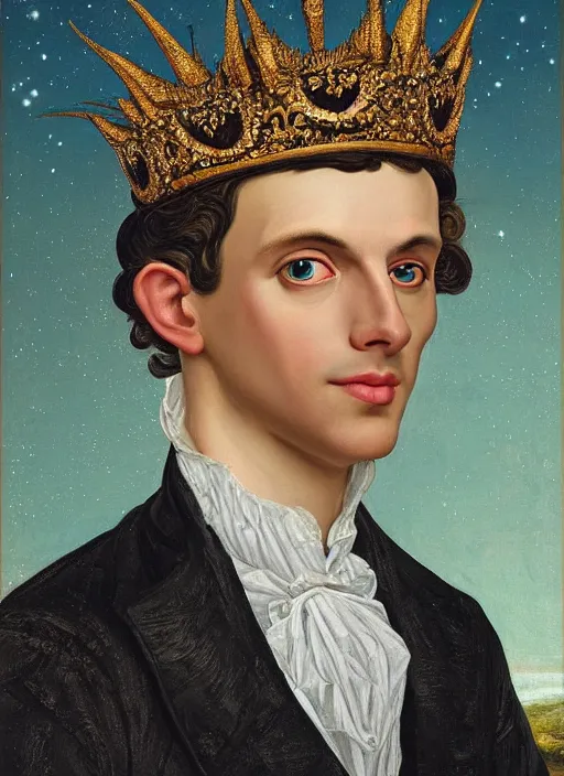 Prompt: close-up portrait of anthropomorphic Prince with a head of barn owl, in a crown, bokeh, blurred space, stars, dreamy, romantic, painting in the museum, highly detailed, sharp focus, digital painting, artwork, by John James Audubon by Victor Adame Minguez by Yuumei by Tom Lovell by Sandro Botticelli