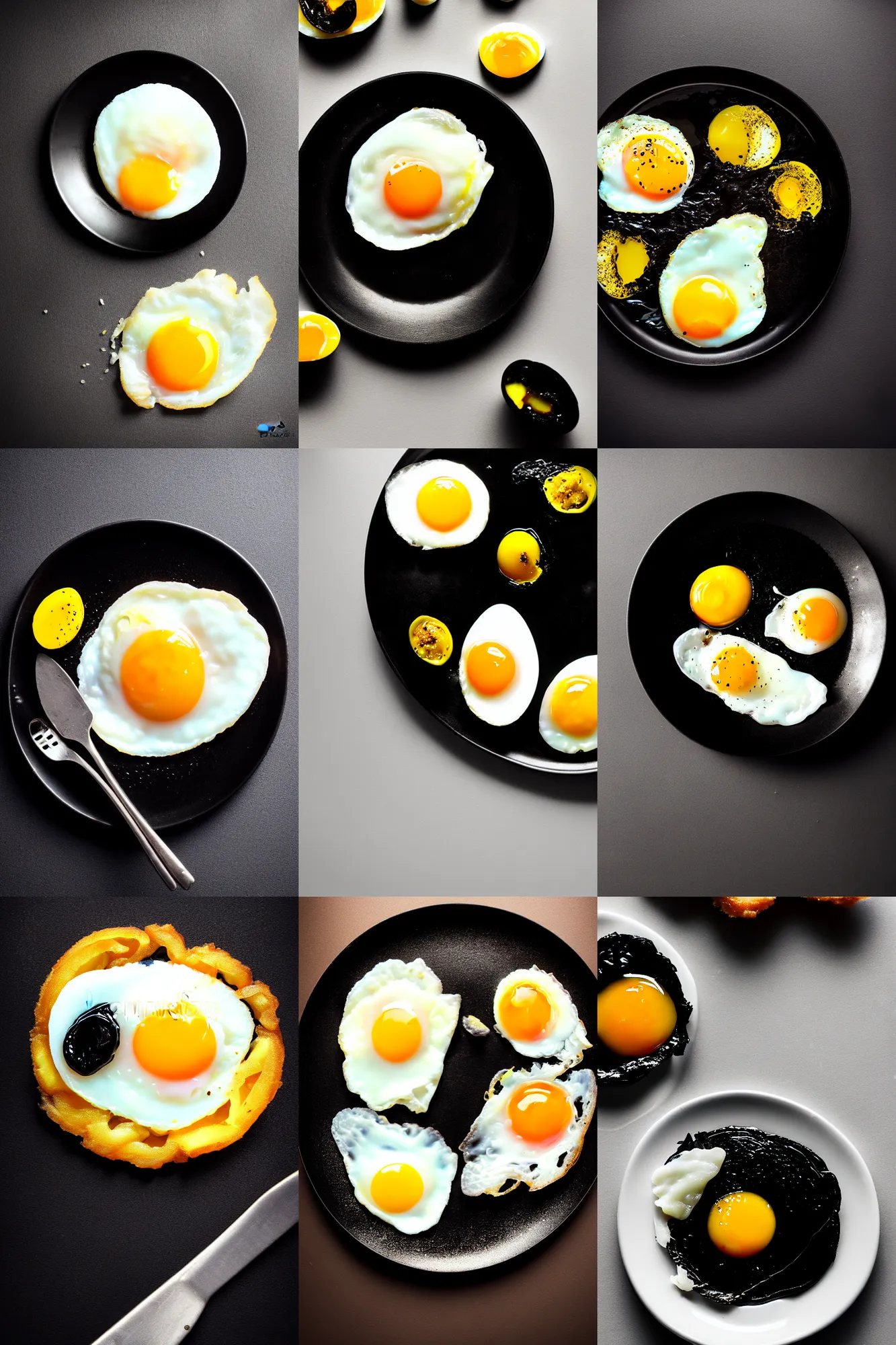 Prompt: fried egg with black yolk, black!!!, food photography, studio lighting, bokeh, high quality