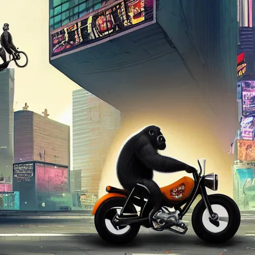 Image similar to a gorilla is riding a motor cycle in a cyberpunk city