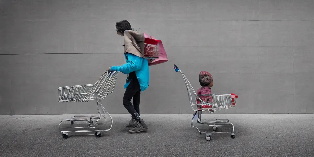 Image similar to homeless mother pushing a shopping cart with a child riding in it, in front of a blank wall, hyperrealistic