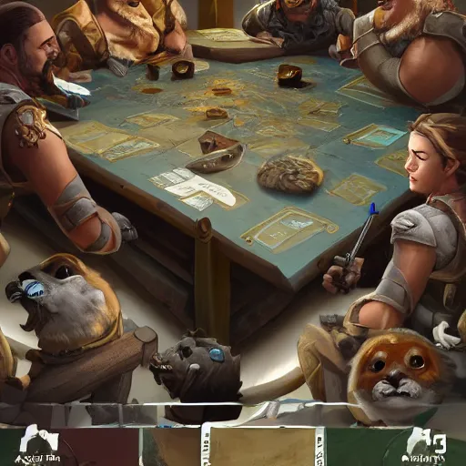 Image similar to a group of seals sitting around a table, playing dnd, cinematic lighting, trending on artstation, focused, detailed
