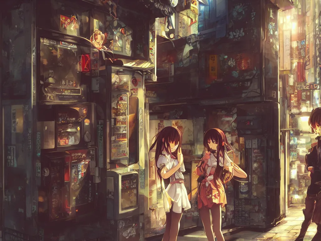 Image similar to Two beautiful anime girls, standing in front of a vending machine outside of a Japanese convenience store, in narrow Tokyo alleyway, gorgeous sunlight and shadows, D&D, fantasy, highly detailed, digital painting, artstation, concept art, sharp focus, illustration, in style of GUWEIZ and WLOP and NIXEU and Craig Mullins