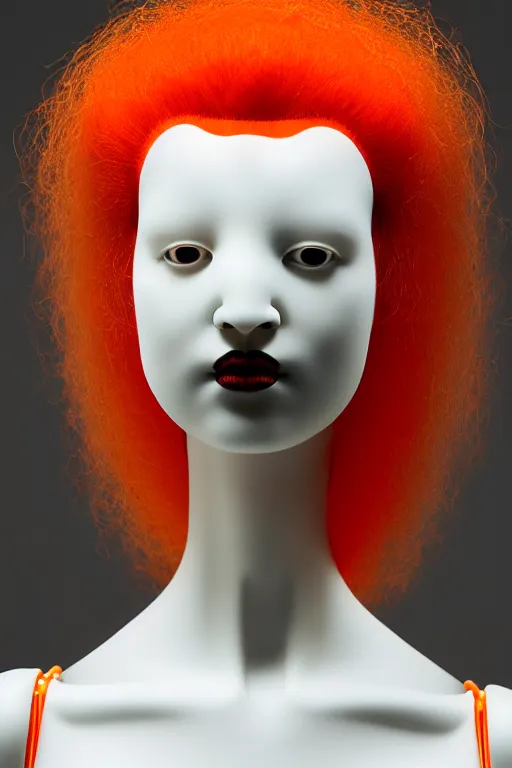 Prompt: symmetrical portrait of a woman wearing an orange embroidered translucent silicone mask and black frizzy hair buns, wearing a white bodysuit by alexander mcqueen, white background, soft diffused light, biotechnology, humanoide robot, futuristic aesthetic, translucent, ethereal, intricate details, highly detailed, masterpiece,