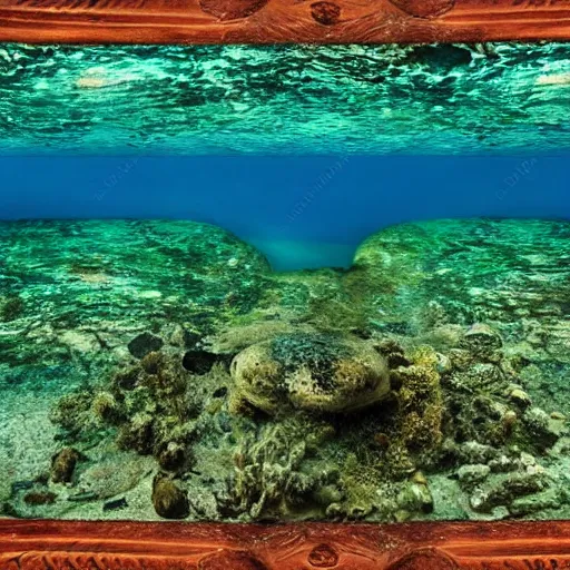 Image similar to shallow reef, caustics, realistic photo, scuba diver